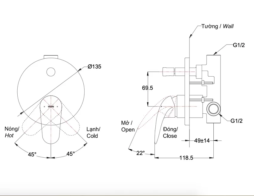 Van gật gù điều chỉnh nóng lạnh kèm nút chuyển hướng TOTO TBS03304B 13 Van gật gù TOTO TBS03304B Hình 4