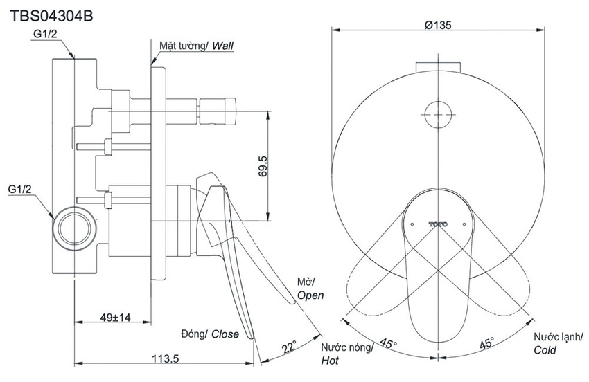 Van gật gù điều chỉnh nóng lạnh TOTO TBS04304B từ Hải Yến Home - SKU: TBS04304B Van gật gù điều chỉnh nóng lạnh TOTO TBS04304B từ Hải Yến Home