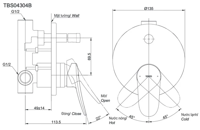 Van gật gù điều chỉnh nóng lạnh TOTO TBS04304B từ Hải Yến Home - SKU: TBS04304B Van gật gù điều chỉnh nóng lạnh TOTO TBS04304B từ Hải Yến Home