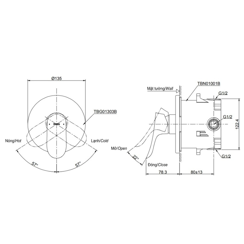 Van gật gù điều chỉnh nóng lạnh TOTO TBG01303BA Van gật gù điều chỉnh nóng lạnh TOTO TBG01303BA