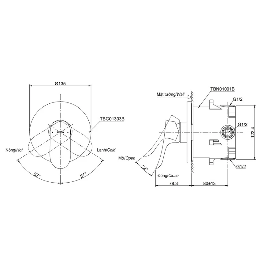 Van gật gù điều chỉnh nóng lạnh TOTO TBG01303BA Van gật gù điều chỉnh nóng lạnh TOTO TBG01303BA