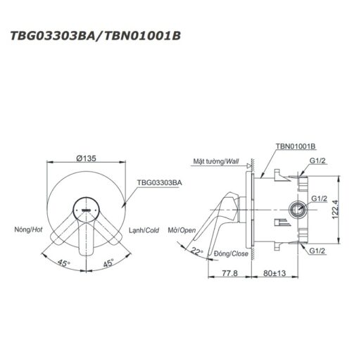 Van gật gù điều chỉnh nóng lạnh TOTO TBG03303BA kèm phụ kiện âm tường TBN01001B