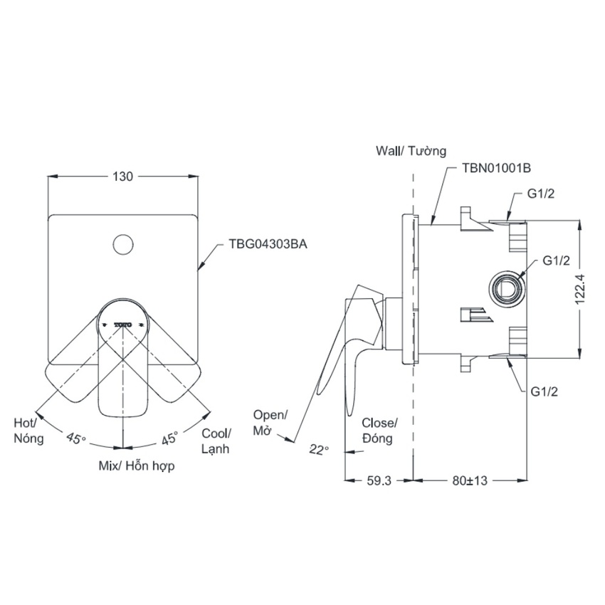 Van gật gù điều chỉnh nóng lạnh TOTO TBG04303BA Van gật gù điều chỉnh nóng lạnh TOTO TBG04303BA