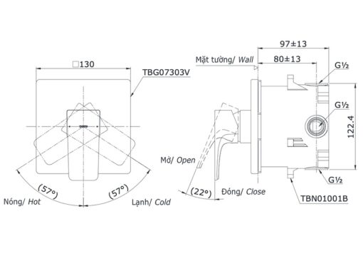Van gật gù điều chỉnh nóng lạnh TOTO TBG07303VA kèm phụ kiện âm tường TBN01001B (TBG07303V/TBN01001B)