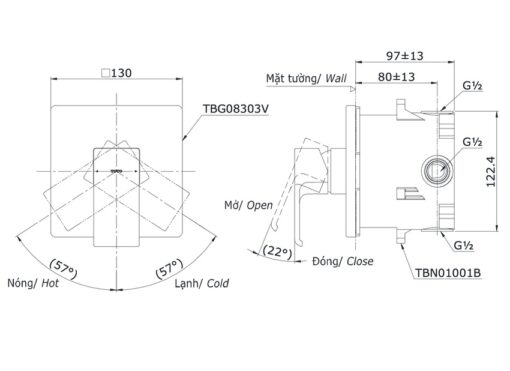 Van gật gù điều chỉnh nóng lạnh TOTO TBG08303VA kèm phụ kiện âm tường TBN01001B