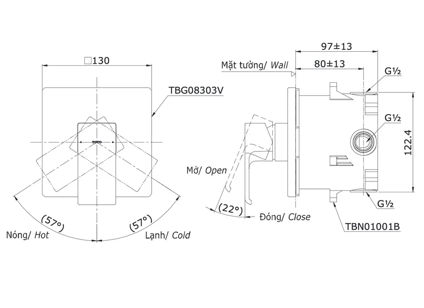 Van gật gù điều chỉnh nóng lạnh TOTO TBG08303VA kèm phụ kiện âm tường TBN01001B - SKU: TBG08303VA/TBN01001B Van gật gù điều chỉnh nóng lạnh TOTO TBG08303VA kèm phụ kiện âm tường TBN01001B hình 4