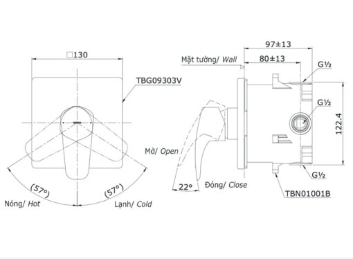 Van gật gù điều chỉnh nóng lạnh TOTO TBG09303VA kèm phụ kiện âm tường TBN01001B