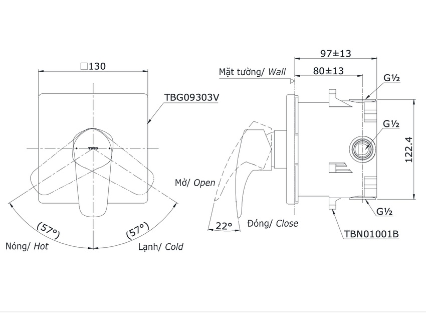 Van gật gù điều chỉnh nóng lạnh TOTO TBG09303VA Van gật gù điều chỉnh nóng lạnh TOTO TBG09303VA