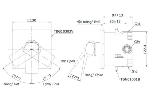 Van gật gù điều chỉnh nóng lạnh TOTO TBG10303VA kèm phụ kiện âm tường TBN01001B