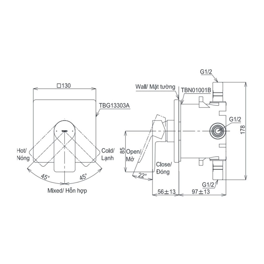 Van gật gù điều chỉnh nóng lạnh TOTO TBG13303A 7 Thiết kế hiện đại của Van gật gù điều chỉnh nóng lạnh TOTO TBG13303A - SKU: TBG13303A