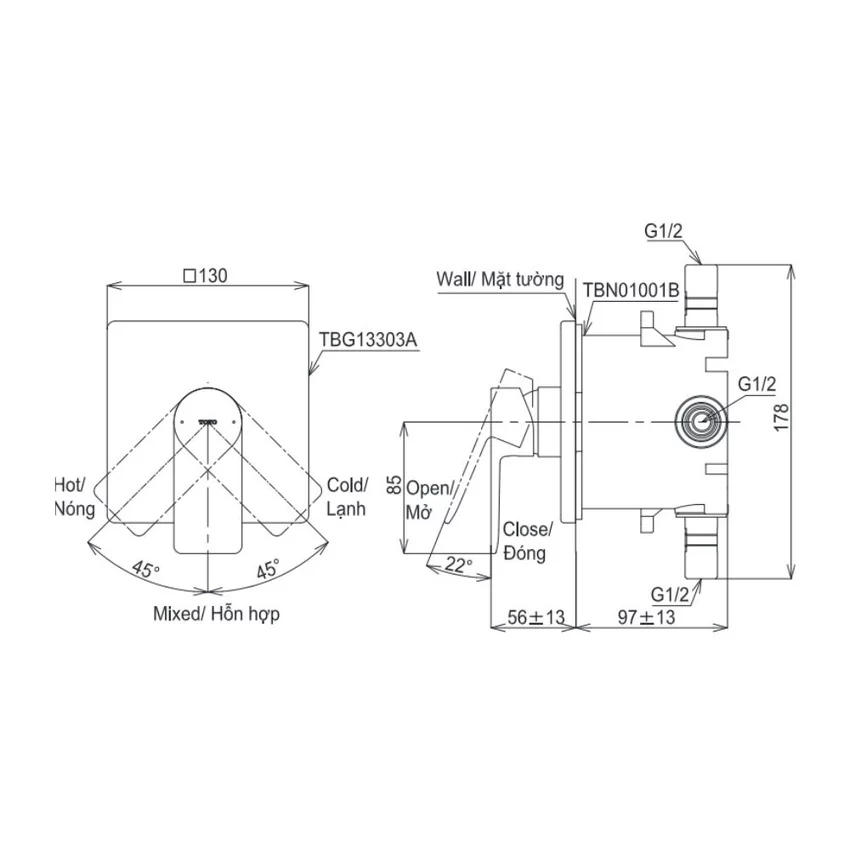 Van gật gù điều chỉnh nóng lạnh TOTO TBG13303A 7 Thiết kế hiện đại của Van gật gù điều chỉnh nóng lạnh TOTO TBG13303A - SKU: TBG13303A