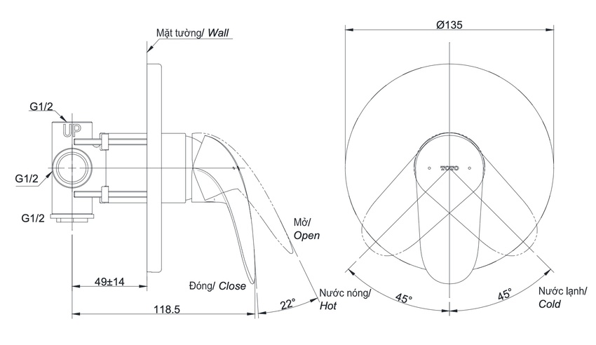 Van gật gù điều chỉnh nóng lạnh TOTO TBS03303B sang trọng Van gật gù điều chỉnh nóng lạnh TOTO TBS03303B sang trọng