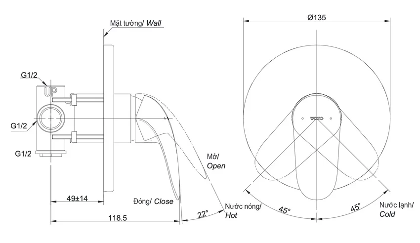 Van gật gù điều chỉnh nóng lạnh TOTO TBS03303B sang trọng Van gật gù điều chỉnh nóng lạnh TOTO TBS03303B sang trọng