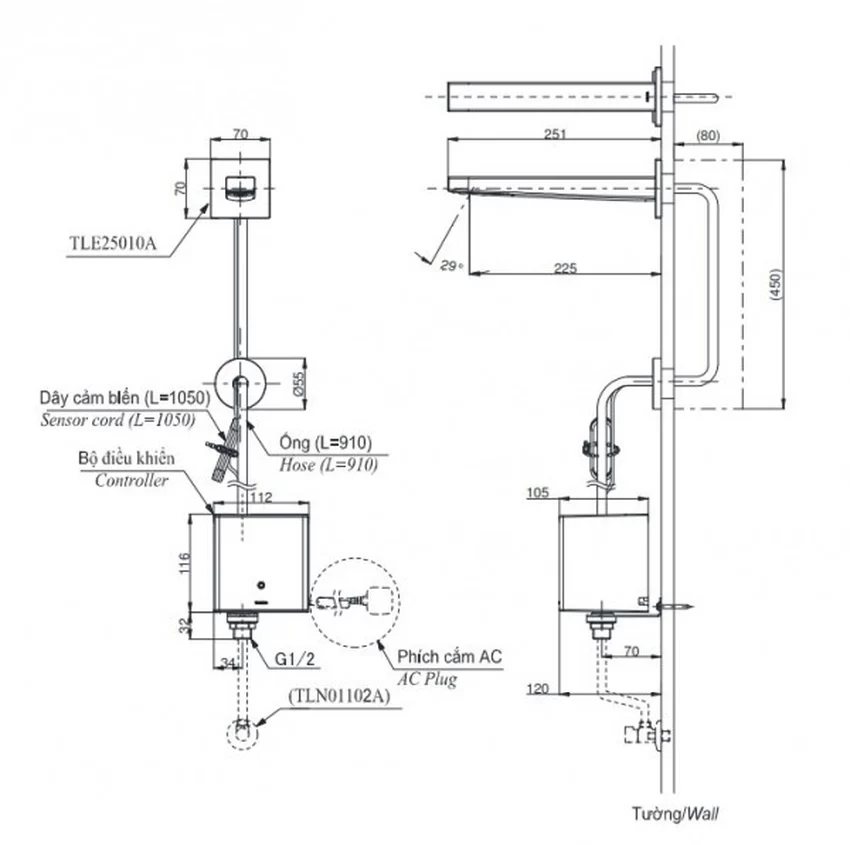 Vòi lavabo cảm ứng gắn tường TOTO TLE25010A 9 Vòi lavabo cảm ứng gắn tường TOTO TLE25010A