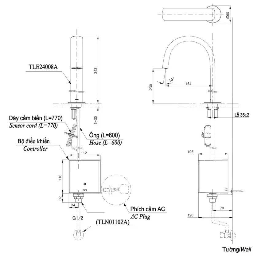 Vòi lavabo cảm ứng TOTO TLE24008V Vòi lavabo cảm ứng TOTO TLE24008V