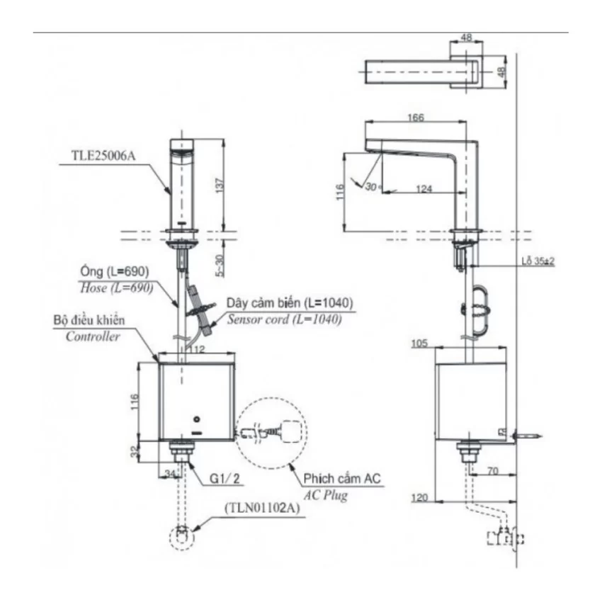 Thiết kế hiện đại của TOTO TLE25006V Vòi lavabo cảm ứng TOTO TLE25006V