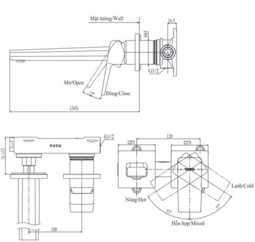 Vòi lavabo nóng lạnh gắn tường GB TOTO TLG10308BB (TLG10308B)
