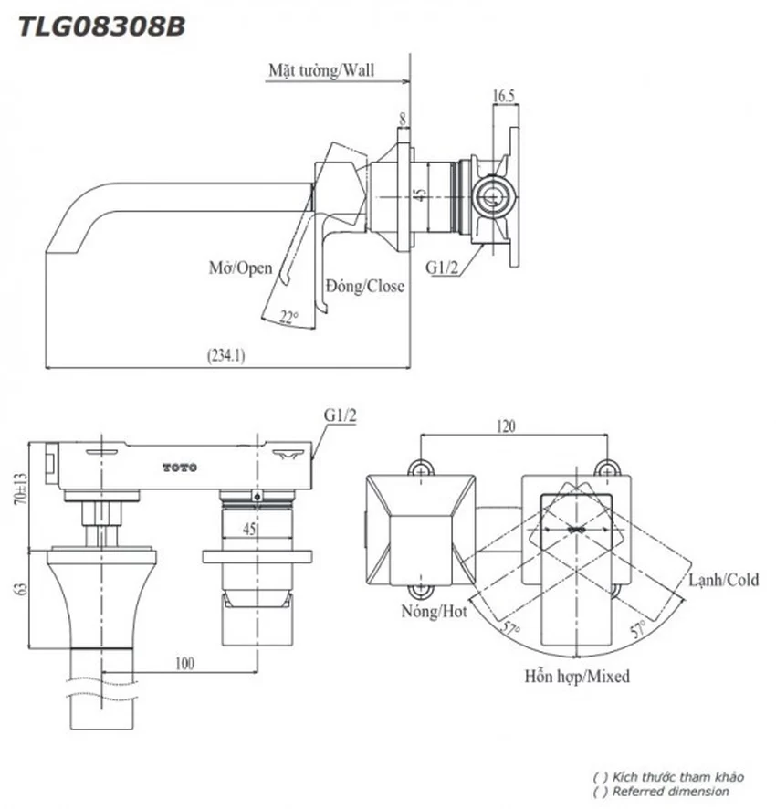 Vòi lavabo nóng lạnh gắn tường GC TOTO TLG08308BA 6 Vòi lavabo nóng lạnh gắn tường GC TOTO TLG08308BA