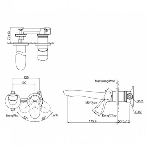 Vòi lavabo nóng lạnh gắn tường GO TOTO TLG01311BB