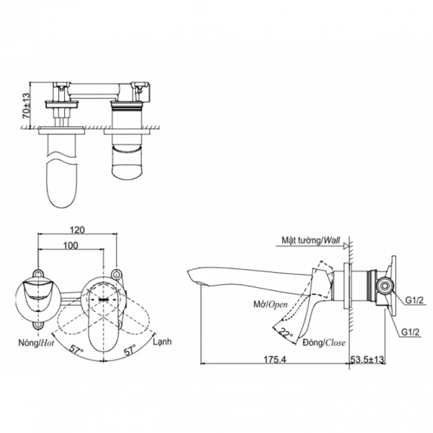 Vòi lavabo nóng lạnh gắn tường GO TOTO TLG01311BB 6 Vòi lavabo nóng lạnh gắn tường GO TOTO TLG01311BB