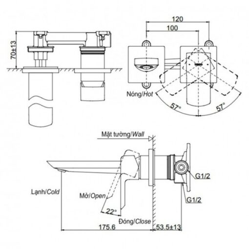 Vòi lavabo nóng lạnh gắn tường GR TOTO TLG02310BB (TLG02310B)