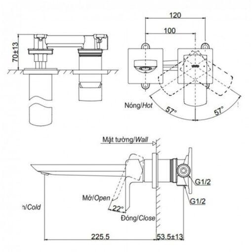 Vòi lavabo nóng lạnh gắn tường GR TOTO TLG02311BB (TLG02311B)
