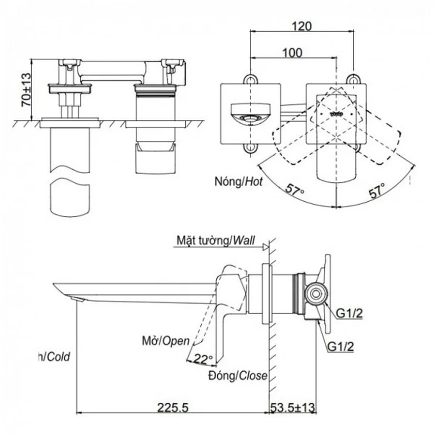 Vòi lavabo nóng lạnh gắn tường GR TOTO TLG02311BB (TLG02311B) 8 Vòi lavabo nóng lạnh gắn tường GR TOTO TLG02311BB (TLG02311B)