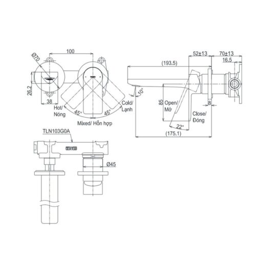 Vòi lavabo nóng lạnh gắn tường GT TOTO TLG13307A