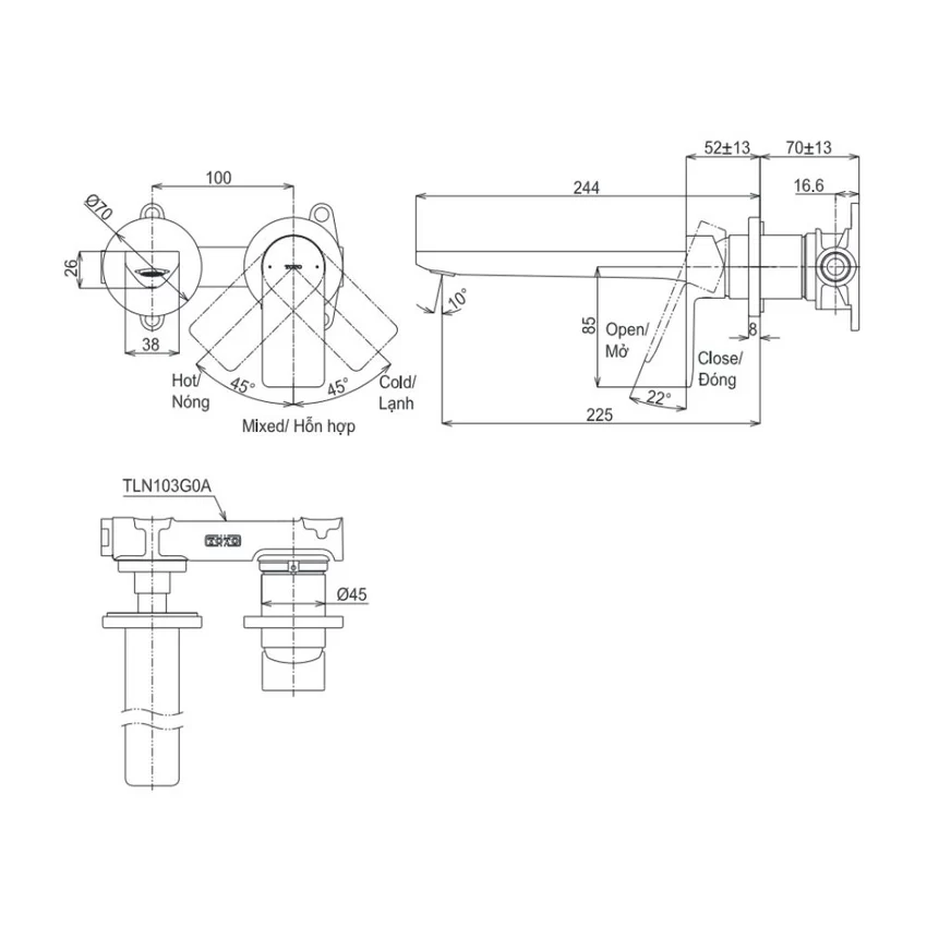 Vòi lavabo nóng lạnh gắn tường GT TOTO TLG13308A - Hình 2 Vòi lavabo nóng lạnh gắn tường GT TOTO TLG13308A