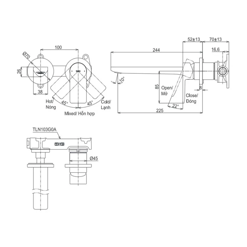 Vòi lavabo nóng lạnh gắn tường TOTO TLG13308A với van âm TLN103G0A Vòi lavabo nóng lạnh gắn tường TOTO TLG13308A với van âm TLN103G0A