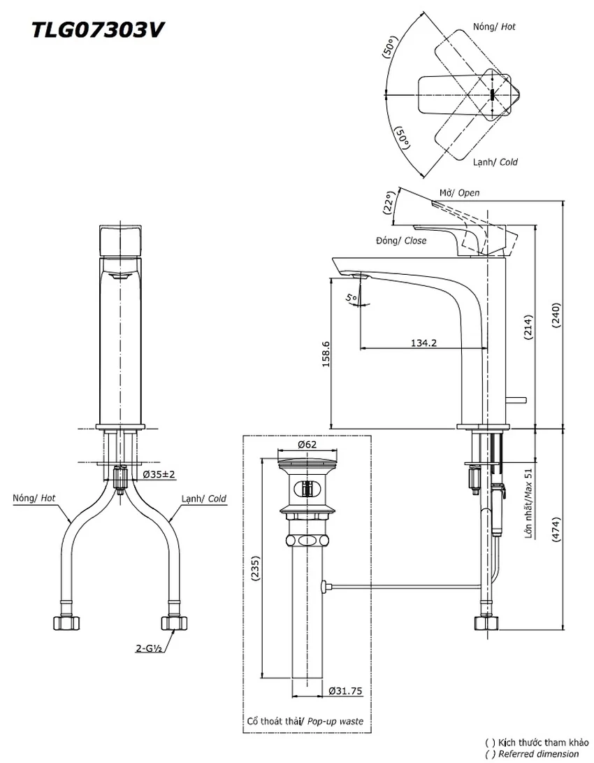 Vòi lavabo nóng lạnh GE TOTO TLG07303V 15 Vòi lavabo nóng lạnh GE TOTO TLG07303V