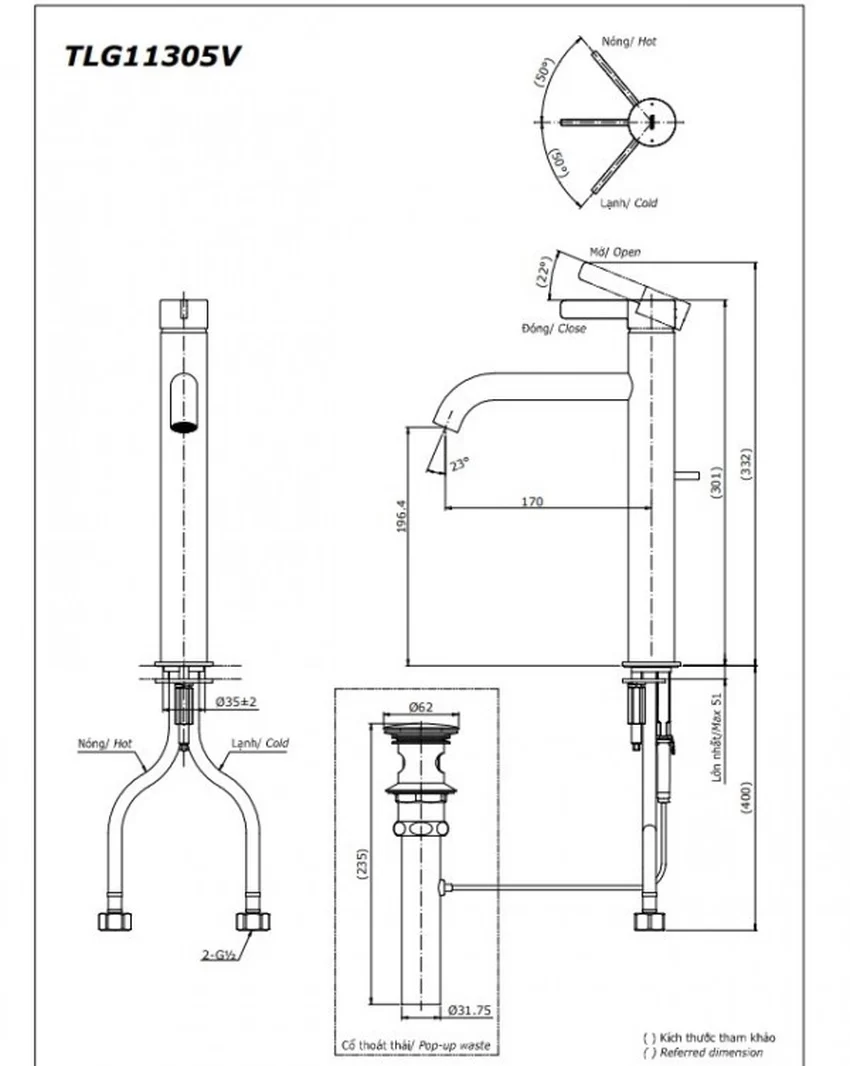 Vòi lavabo nóng lạnh GF TOTO TLG11305V 12 Vòi lavabo nóng lạnh GF TOTO TLG11305V