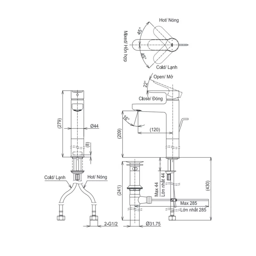 Vòi lavabo nóng lạnh TOTO TLS06305V 7 Vòi Lavabo Nóng Lạnh TOTO TLS06305V Hình 2
