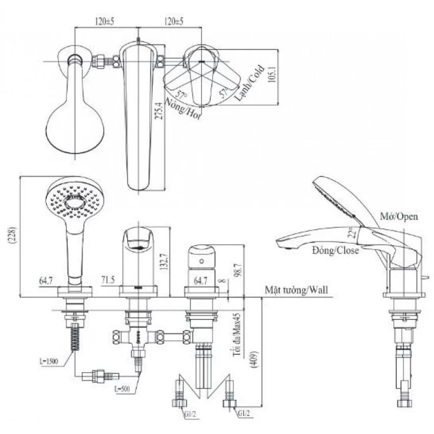 Vòi xả bồn tắm TOTO TBG09305AA nóng lạnh kèm tay sen 5 Vòi xả bồn tắm TOTO TBG09305AA nóng lạnh kèm tay sen