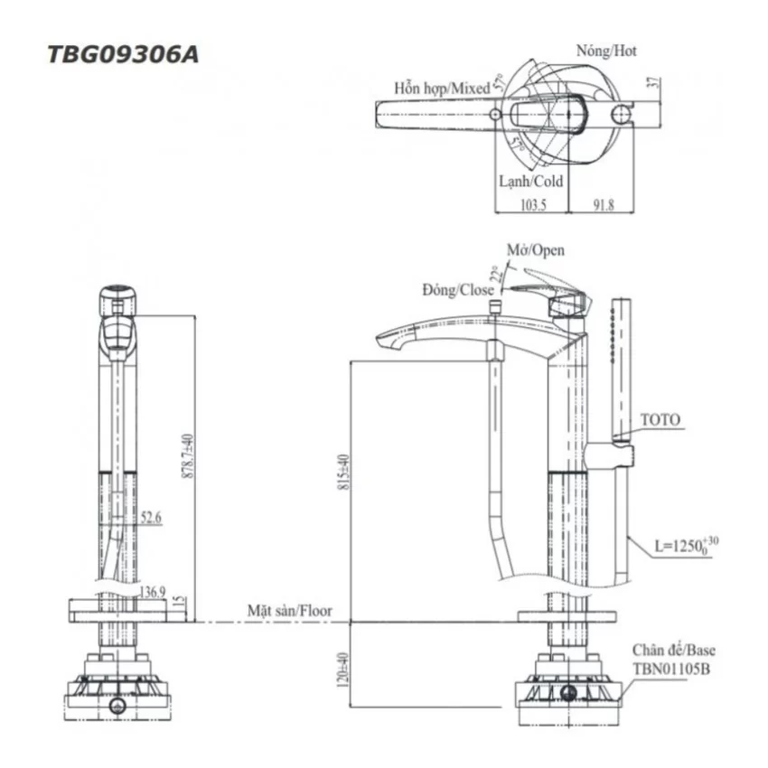 Vòi xả bồn tắm TOTO TBG09306AA đặt sàn nóng lạnh 7 Vòi xả bồn tắm TOTO TBG09306AA đặt sàn nóng lạnh - Hải Yến Home - SKU: TBG09306AA