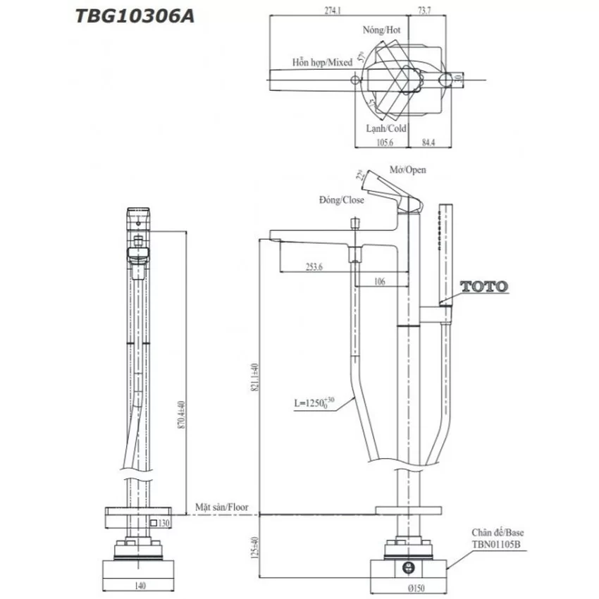 Vòi xả bồn tắm TOTO TBG10306AA đặt sàn nóng lạnh 8 Vòi xả bồn tắm TOTO TBG10306AA đặt sàn nóng lạnh