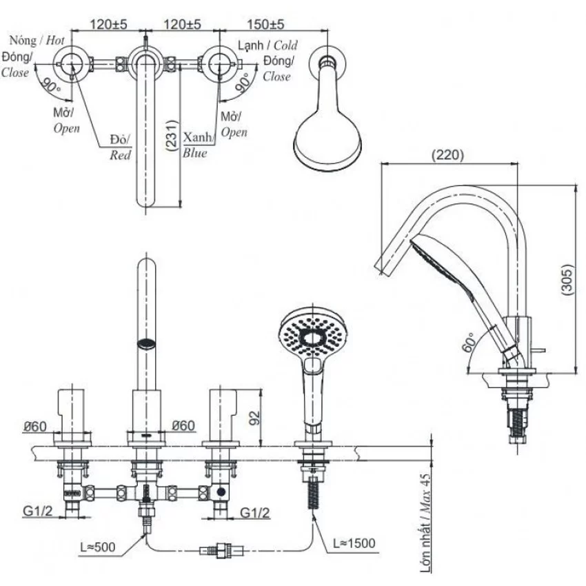 Vòi xả bồn tắm TOTO TBG11202A nóng lạnh kèm tay sen 11 Vòi xả bồn tắm TOTO TBG11202A nóng lạnh kèm tay sen