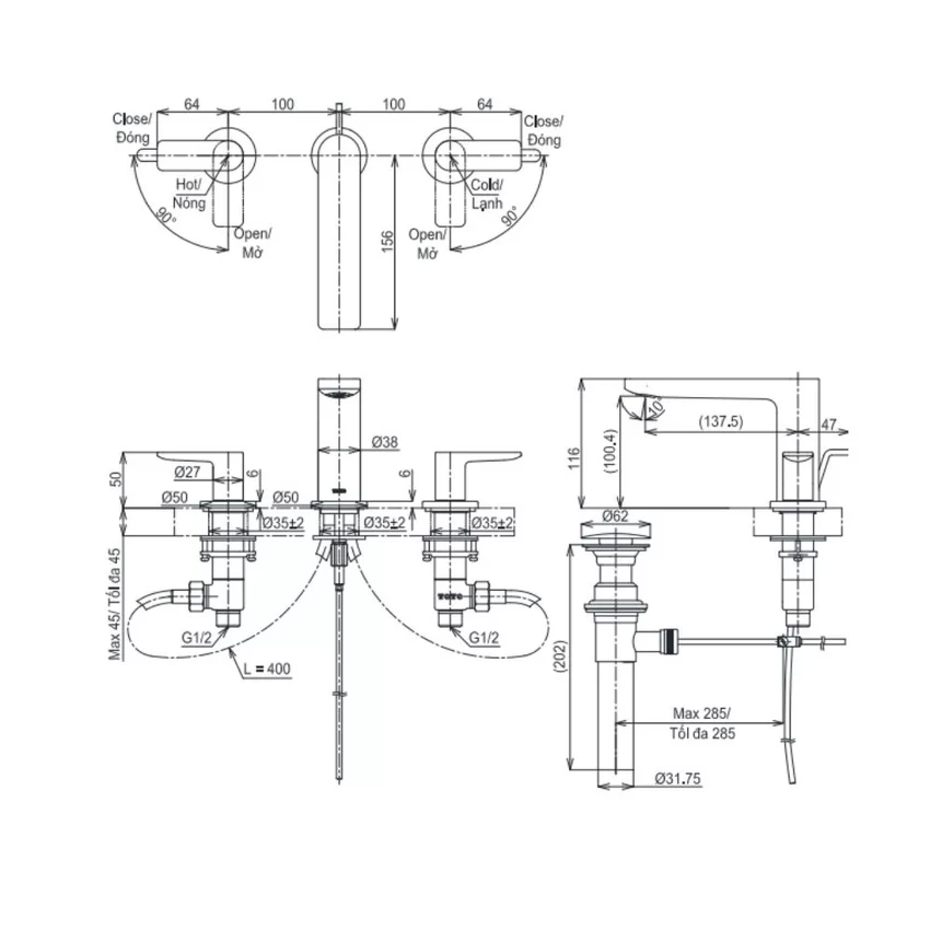 Vòi xả bồn tắm TOTO TBG13201A nóng lạnh Vòi xả bồn tắm TOTO TBG13201A nóng lạnh