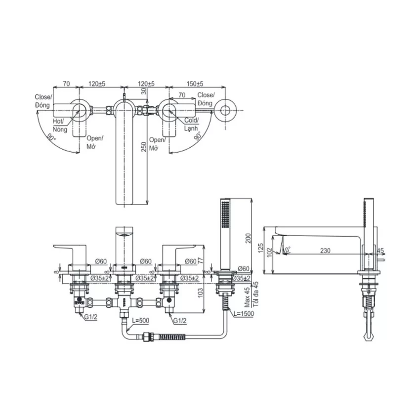 Vòi xả bồn tắm TOTO TBG13202A nóng lạnh kèm tay sen 7 Vòi xả bồn tắm TOTO TBG13202A nóng lạnh kèm tay sen SKU TBG13202A