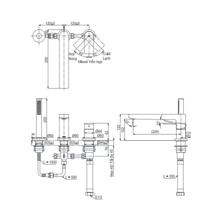 Vòi xả bồn tắm TOTO TBG13305A – SKU: TBG13305A Vòi xả bồn tắm TOTO TBG13305A nóng lạnh kèm tay sen
