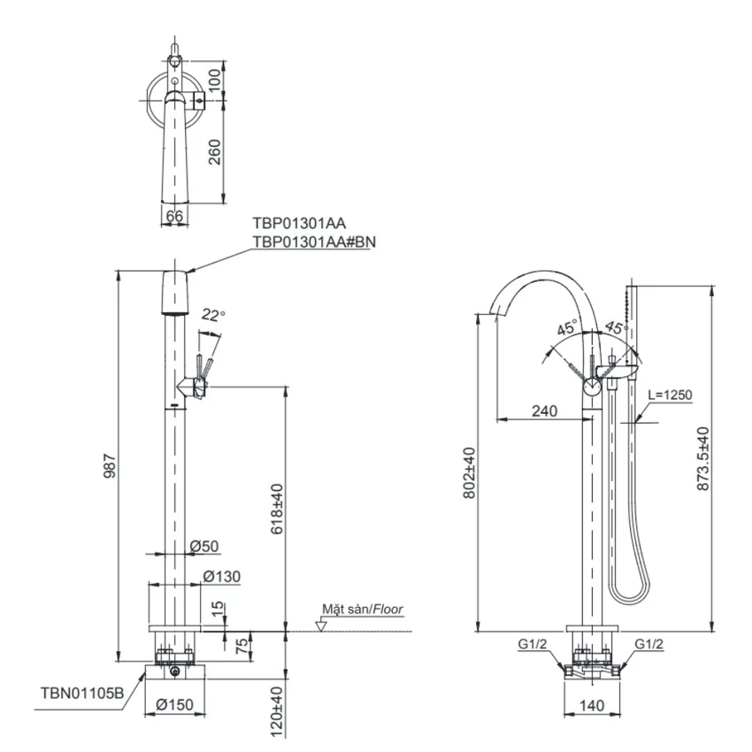 TBP01301AA - Vòi xả bồn tắm TOTO chi tiết Vòi xả bồn tắm TOTO TBP01301AA chi tiết