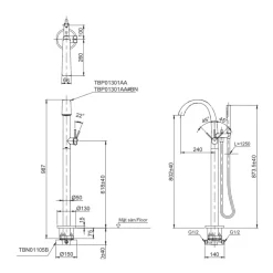 Vòi xả bồn tắm TOTO TBP01301AA TBN01105B đặt sàn nóng lạnh (kèm đế) 15 Vòi xả bồn tắm TOTO TBP01301AA TBN01105B đặt sàn nóng lạnh (kèm đế)
