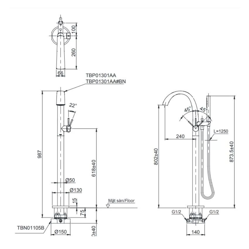 Vòi xả bồn tắm TOTO TBP01301AA TBN01105B đặt sàn nóng lạnh (kèm đế) 22 Vòi xả bồn tắm TOTO TBP01301AA/TBN01105B sản phẩm 7