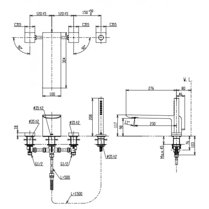 Vòi xả bồn tắm TOTO TBP02202AA nóng lạnh kèm tay sen 13 Vòi xả bồn tắm TOTO TBP02202AA nóng lạnh kèm tay sen