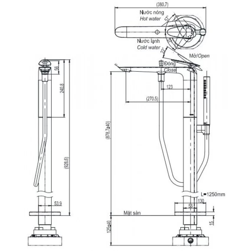 Vòi xả bồn tắm TOTO TBP03301AA - Thiết kế mặt bên Vòi xả bồn tắm TOTO TBP03301AA mặt bên