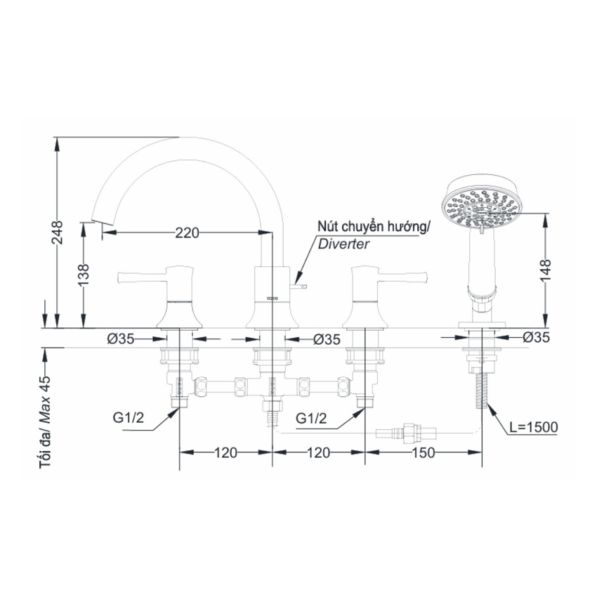 Vòi xả bồn tắm TOTO TBS02202BA nóng lạnh kèm tay sen 19 Vòi xả bồn tắm TBS02202BA hình 2
