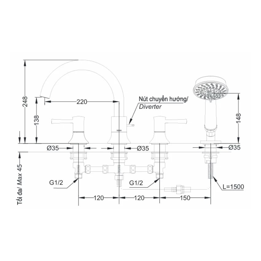 Vòi xả bồn tắm TOTO TBS02202BA nóng lạnh kèm tay sen 19 Vòi xả bồn tắm TBS02202BA hình 2