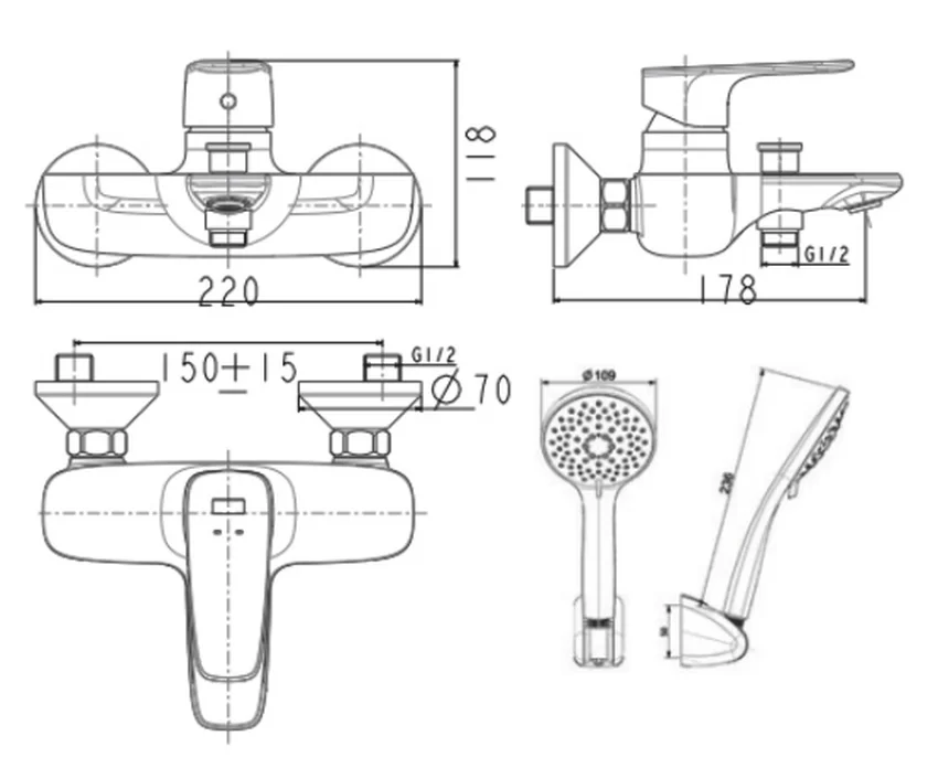 Sen tắm gắn tường American Standard WF-1711 (WF1711) nóng lạnh 18 Sen tắm gắn tường nóng lạnh American Standard WF-1711