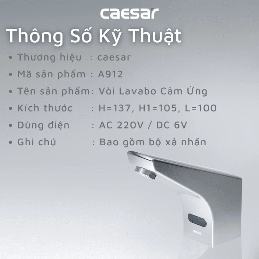 Vòi chậu lavabo cảm ứng nước lạnh Caesar A912 8 Vòi chậu lavabo cảm ứng nước lạnh Caesar A912
