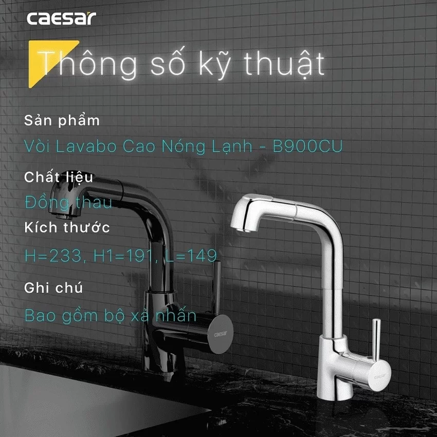 Vòi chậu lavabo dây rút nóng lạnh Caesar B900CU 11 Vòi chậu lavabo dây rút nóng lạnh Caesar B900CU